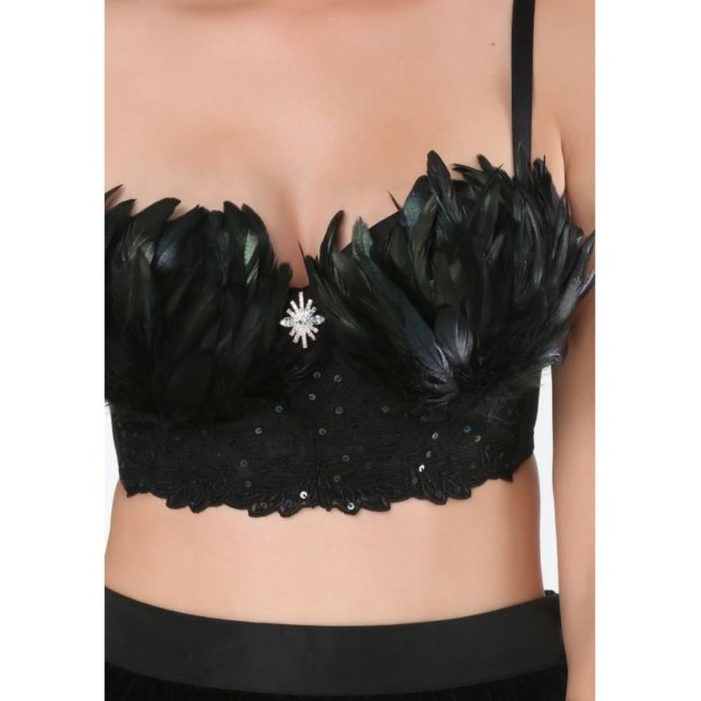 Black bra crop top with iridescent color feathers